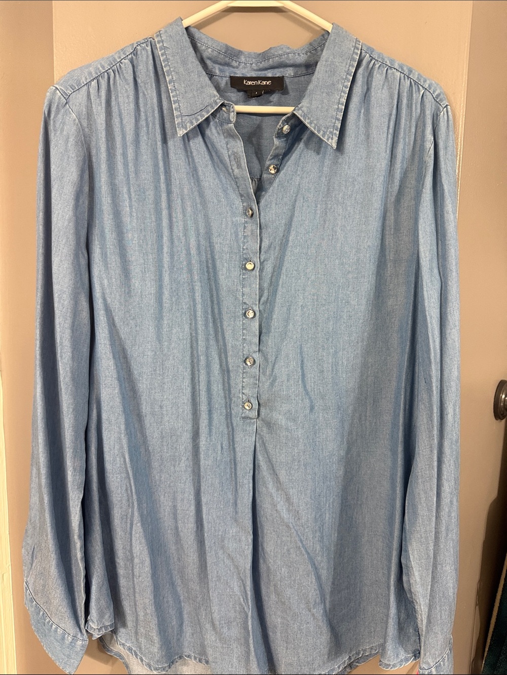 Karen Kane Light Blue Denim Button-Henley Shirt
